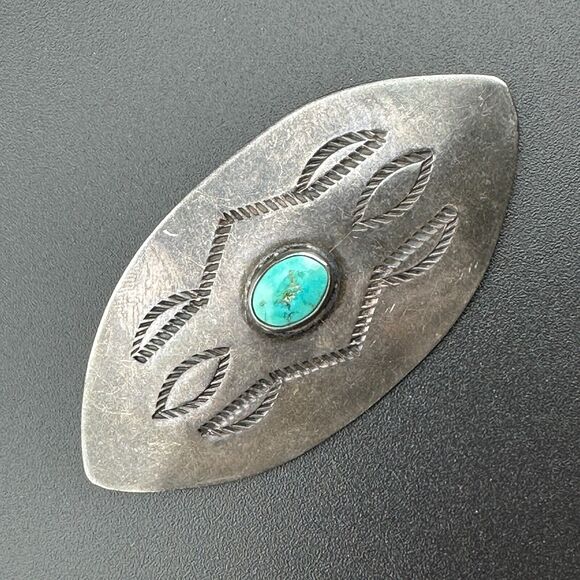 Vintage Native American Navajo Sterling Silver Turquoise Brooch Pin Oval 2.5" L - Picture 1 of 10